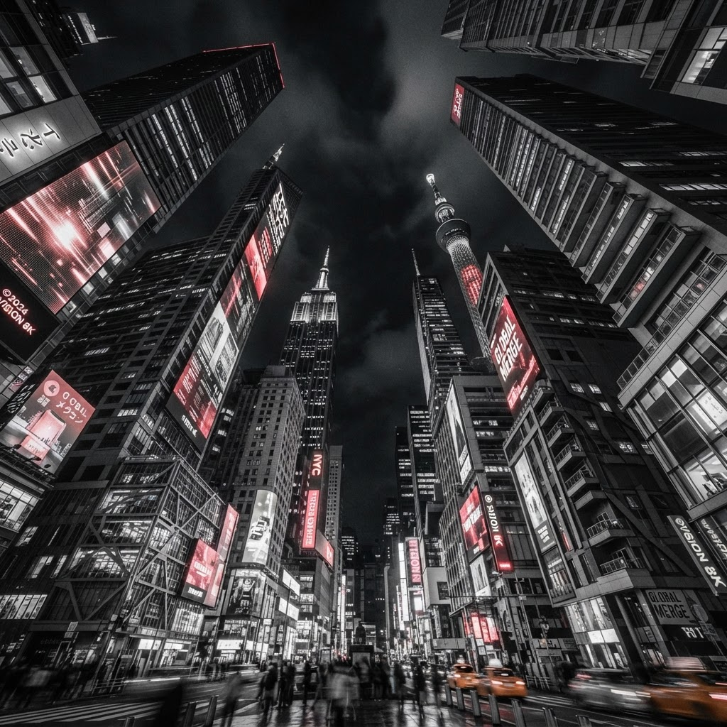 Aerial view of an illuminated global city at night