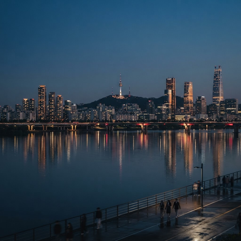 Contemporary Seoul skyline along the Han River at blue hour